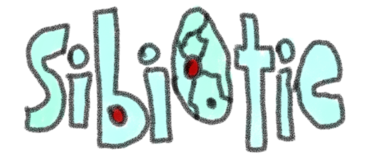 Sibiotic Logo, blue sketchy text, with a robotic O